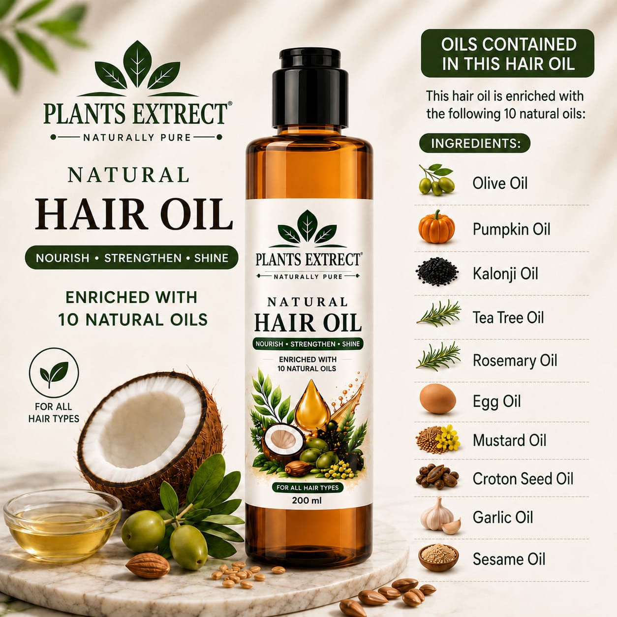 Plants Extrect Natural Hair Oil – Enriched with 10 Natural Oils | Nourishes, Strengthens & Adds Shine | For All Hair Types | 200ml