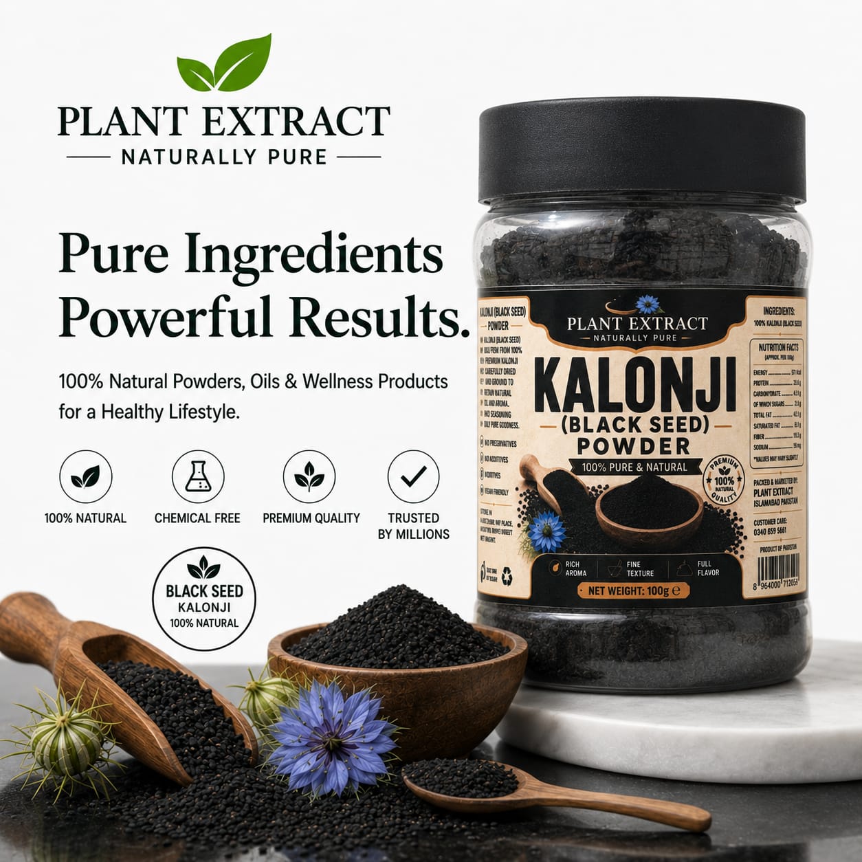 Plant Extract Kalonji (Black Seed) Powder 100g — 100% Pure & Natural | No Additives | کلونجی پاؤڈر | Sunnah Remedy