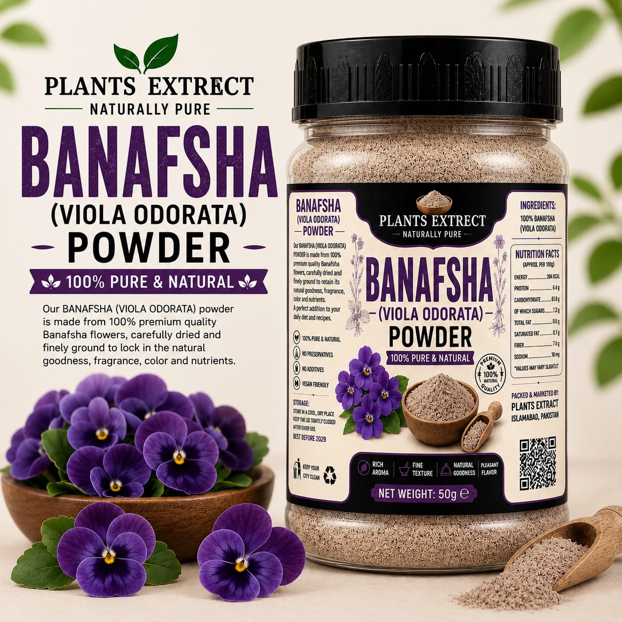 Banafsha (Viola Odorata) 50g Powder – 100% Pure & Natural Herbal Flower Powder