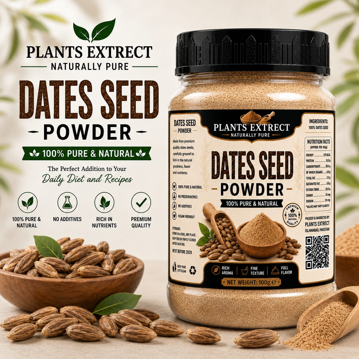 Date Seed Powder 100g – 100% Pure & Natural Premium Date Seed Powder | Plants Extrect