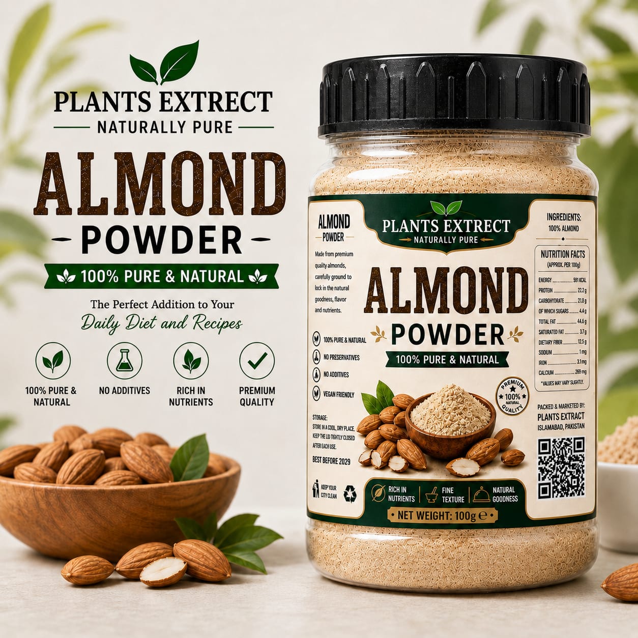 Almond Powder 100g – 100% Pure & Natural Premium Almond Powder | Plants Extrect