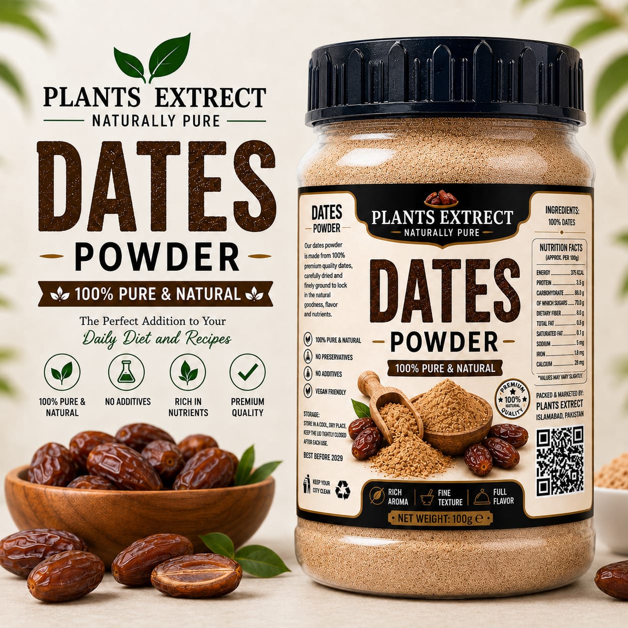 Dates Powder 100g – 100% Pure & Natural Premium Date Fruit Powder | Plants Extrect