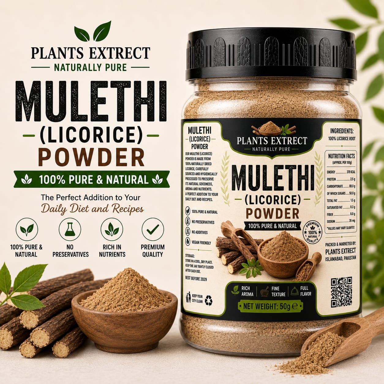 Premium Mulethi (Licorice) Powder – 100% Pure & Natural | Plants Extrect | 50g