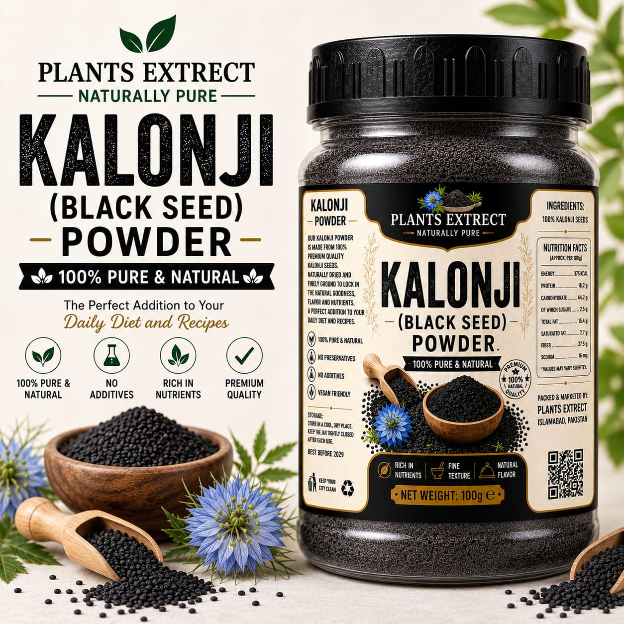 Premium Kalonji (Black Seed) Powder – 100% Pure & Natural  Plants Extract | 100g