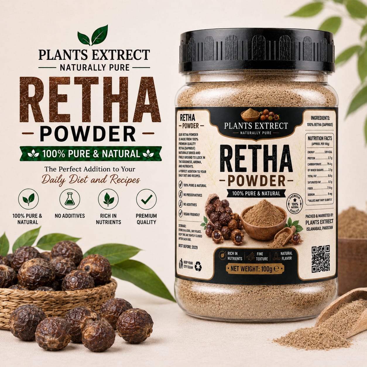 Premium Retha Powder – 100% Pure & Natural  | Plants Extrect | 100g