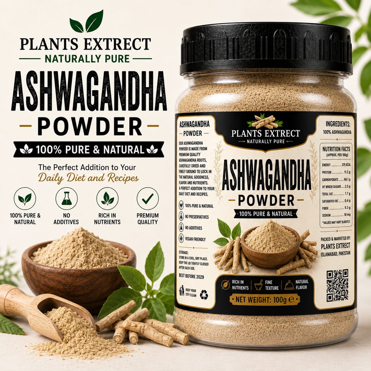 Ashwagandha Powder – 100% Pure & Natural | Premium Herbal Root Powder – 100g