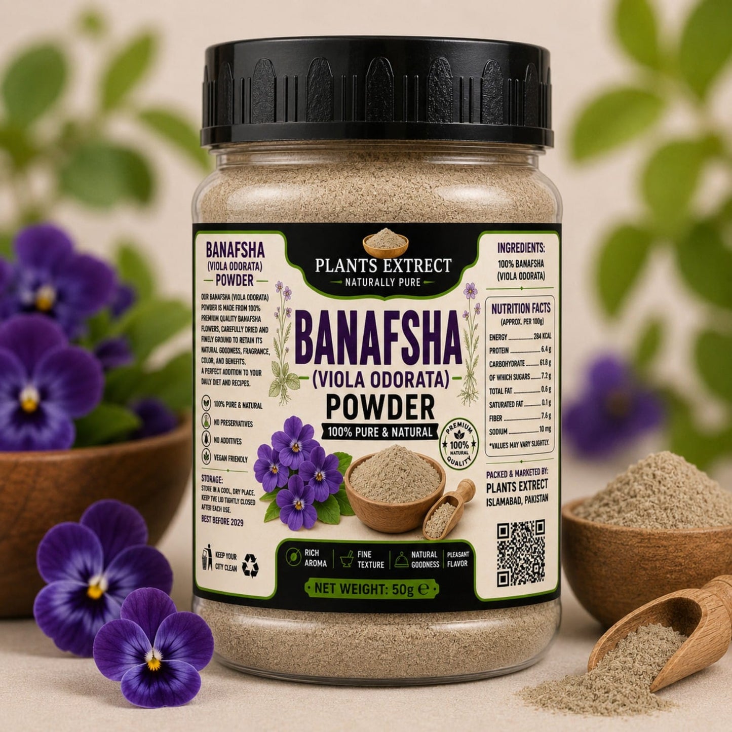 Banafsha (Viola Odorata) 50g Powder – 100% Pure & Natural Herbal Flower Powder