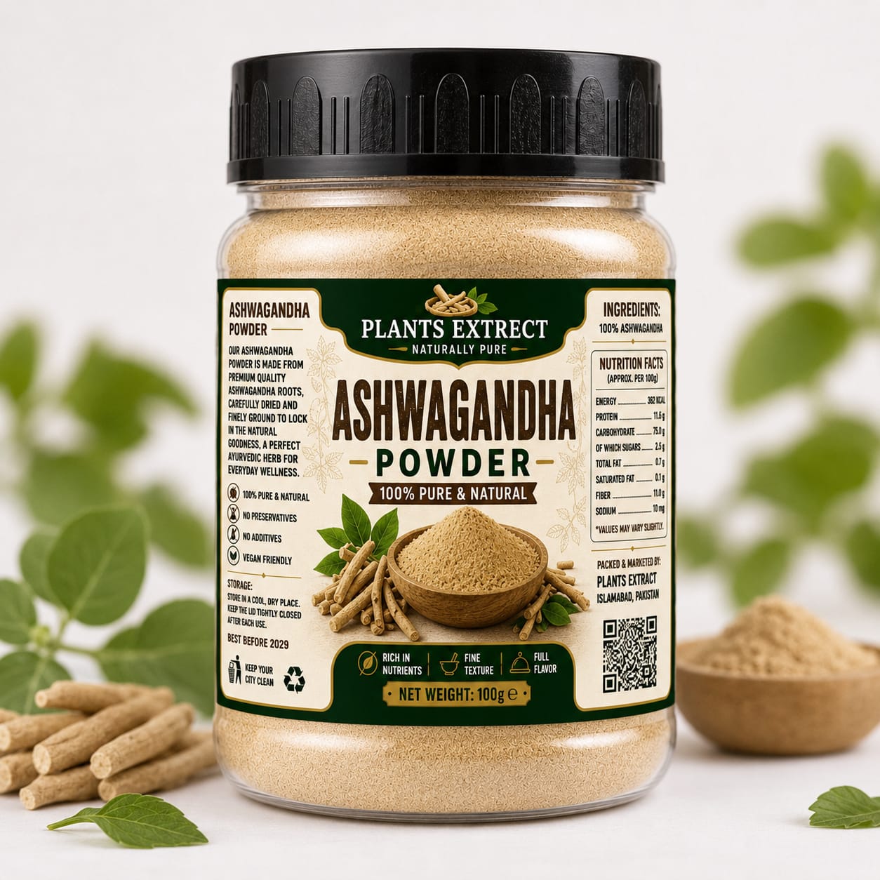 Ashwagandha Powder – 100% Pure & Natural | Premium Herbal Root Powder – 100g